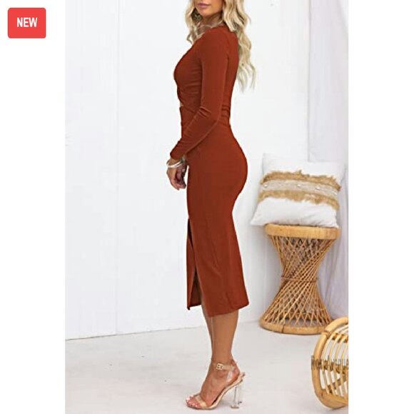 Long Sleeve Midi Dress Bodycon Ribbed Knit Twist Front Cutout - Picture 3 of 8